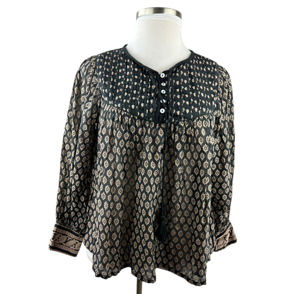 Cleobella Winter Blouse Black Brown Top Pintuck Small Peasant Boho Anthropologie - Picture 3 of 16